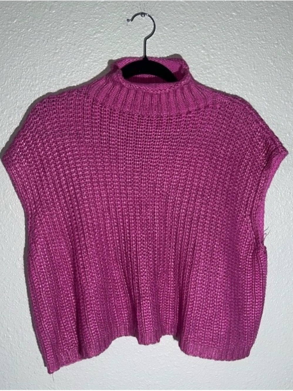 She + Sky Bright Pink Metallic Sleeveless Turtle Neck Sweater